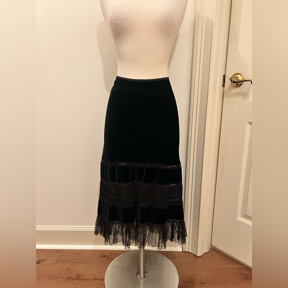 Vintage Polo Jeans Ralph Lauren Black Velvet and Mesh Midi Skirt